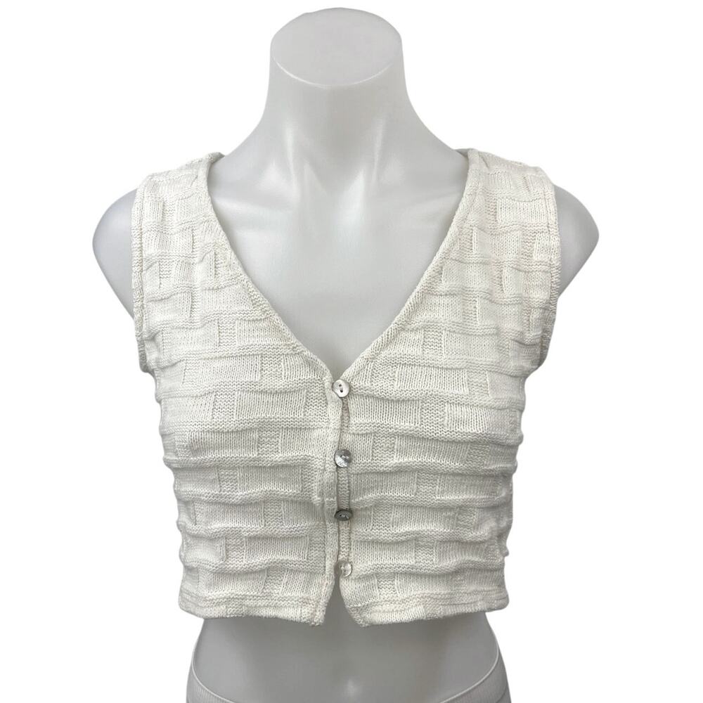 Madewell White Basketweave Stitch Sleeveless V-neck Button Crop Top Vest Sz XXS